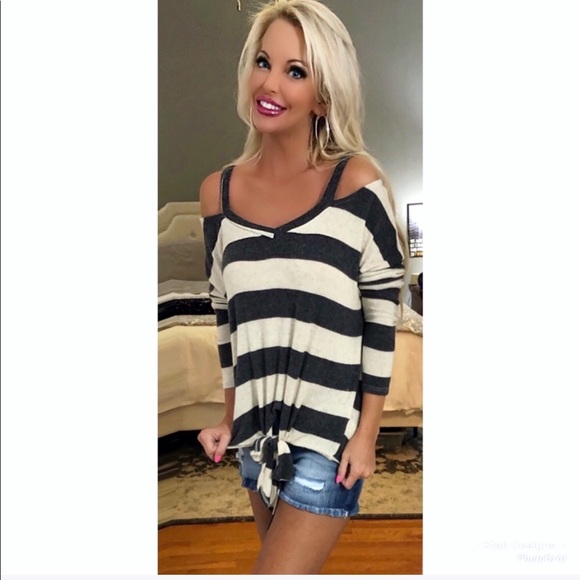 ❤️LAST 1! Charcoal Striped Off Shoulder Top! - Picture 3 of 4